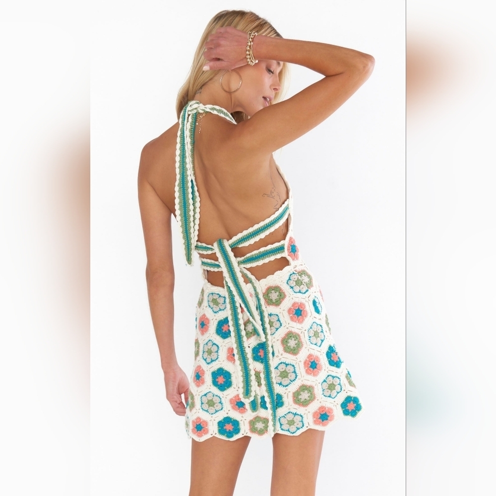 Show Me Your MuMu Happy Halter Mini 70S Multi Crochet Dress XXL Spring Festival - Picture 6 of 11